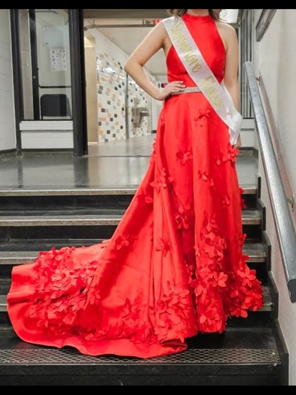 Sherri Hill Red Halter Gown with 3D Floral Appliqués